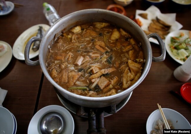 Chanko nabe, a rich stew that is a customary food for sumo wrestlers, is pictured inside a training base in 2017.
