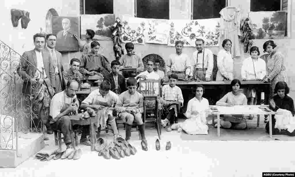 Apprentice Armenian shoemakers in Aleppo's Giligian orphanage and vocational school in 1923