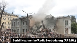 The toxicology building of the Okhmatdyt Children's Hospital which suffered a direct hit from a Russian missile. <br><br>The photographs were made on July 8, 2024, and one year later.