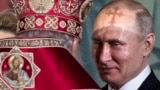 Crucea de pe mitra patriarhul Kirill aruncă o umbră pe fruntea lui Vladimir Putin în catedrala din Moscova, 28 aprilie, 2019
