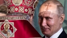 Crucea de pe mitra patriarhul Kirill aruncă o umbră pe fruntea lui Vladimir Putin în catedrala din Moscova, 28 aprilie, 2019
