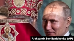 Vladimir Putin și patriarhul Kirill într-o slujbă de Paști în catedrala din Moscova, 28 aprilie 2019.