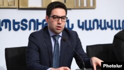 Armenia -- Justice Minister Rustam Badasian at a news conference in Yerevan, April 1, 2020.