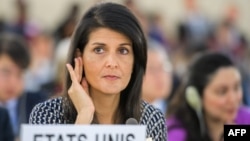 US Ambassador to the United Nations Nikki Haley addresses a session of UN Human Rights Council in Geneva on June 6.