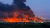 A fire rages at the Kuibyshev oil refinery in Russia's Samara Oblast after a strike by Ukrainian drones in August. 