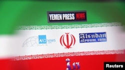 The logos for the Yemen Press News Agency, Sudan Today, Nile Net Online and AWDnews websites are seen against an Iranian flag in a picture illustration taken November 29, 2018. Picture taken November 29, 2018. To match Special Report CYBER-IRAN/ REUTER