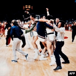 The U.S. team celebrates after what it thought was a victory over the Soviet Union.