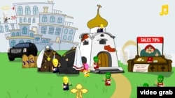 A screen grab of the "Don't Let Pussy Riot Into The Cathedral" game, in which guitar-wielding women in balaclavas assault a Russian Orthodox Church and can only be fended off with a cross.