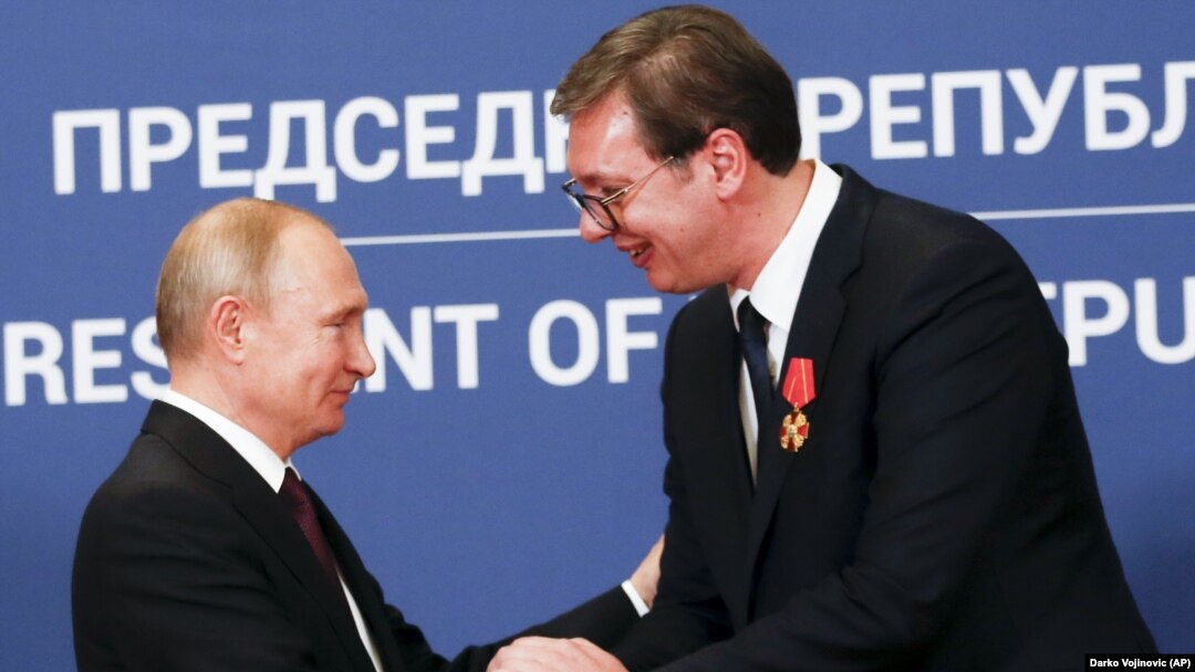 Србија - Рускиот претседател Владимир Путин (лево) и српскиот претседател Александар Вучиќ(десно), Белград, 17 јануари 2019 година. 