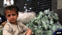 A Yemeni boy sits next to bags of qat, a mild natural narcotic widely used in Yemen, as antigovernment demonstrators protest against President Ali Abdullah Saleh nearby in Sanaa on May 29.