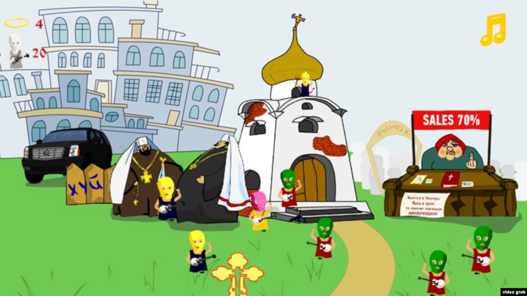 A screen grab of the "Don't Let Pussy Riot Into The Cathedral" game, in which guitar-wielding women in balaclavas assault a Russian Orthodox Church and can only be fended off with a cross.