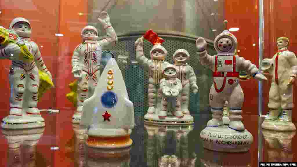 Porcelain figures are displayed in the Memorial Museum of Cosmonautics in Moscow. The museum is dedicated to space exploration, with exhibits, items, and models related to the Soviet and Russia space eras. (EPA-EFE/Felipe Trueba)