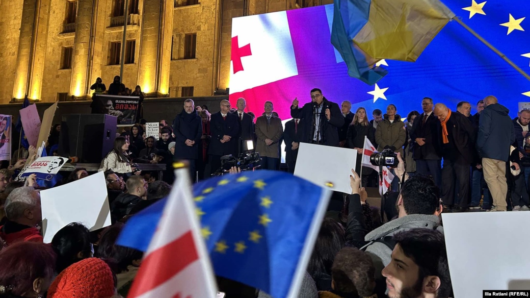 O delegație cu membri din țări UE se adresează unei mulțimi de protestatari la Tbilisi pe 11 noiembrie 2024.