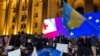 O delegație cu membri din țări UE se adresează unei mulțimi de protestatari la Tbilisi pe 11 noiembrie.