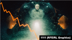 Коллаж: Путин смотрит на свои рейтинги из батискафа