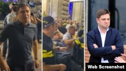 პირველ ორ კადრში ილია მიქელაიშვილი ჩანს კალაძის შტაბის წინ, აქციის მონაწილეებთან დაპირისპირებისას. „ტაბულას“ კადრები. მარჯვენა ფოტო: პირადი ფეისბუკიდან