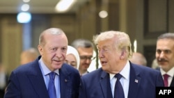 د ترکیې ولسمشر رجب طیب اردوغان انقره کې د امریکا د متحدو ایالاتو ولسمشر ډونالډ ټرمپ ته د هرکلي په مهال.