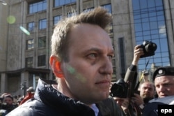 Russian opposition leader Aleksei Navalny attends a protest against the decision of Moscow's mayor to demolish Soviet-era apartment blocks in Moscow on May 14.