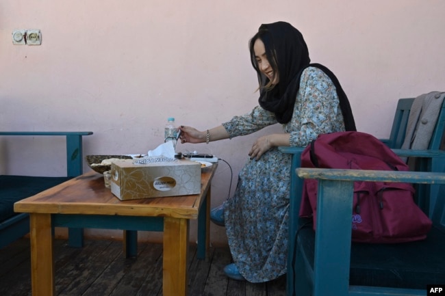 A young Afghan woman at a cafe in Kabul in June 2021.