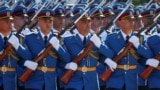 Serbian soldiers march during a military parade in Belgrade on September 20. 
