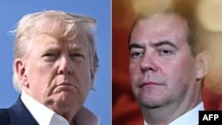 This combo photo shows US President Donald Trump (left) and Dmitry Medvedev, the former Russian president who is now deputy chairman of Russia's Security Council (right). 