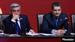 Armenia - President Serzh Sarkisian (L) and Prime Minister Tigran Sarkisian attend a conference of the ruling Repubican Party in Yerevan, 15Dec2012.