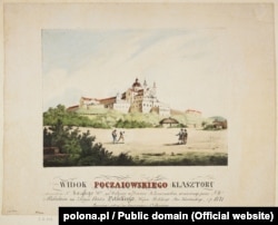 Почаєвський монастир у XVIII сторіччі. Під цією літографією, виданій до 1900 року, в підписі зазначено: «Намальовано з натури на камені Я. Собкевичем»