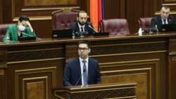 Armenia -- Justice Minister Rustam Badasian speaks in the National Assembly, Yerevan, March 30, 2020.