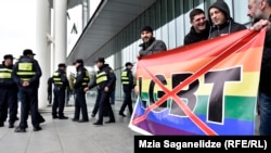 People gathered in opposition to LGBT rights during a march for International Women's Day in Tbilisi on March 8.