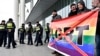 People gathered in opposition to LGBT rights during a march for International Women's Day in Tbilisi on March 8.