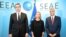EU foreignpolicy chief Federica Mogherini (middle), Kosovar President Hashim Thaci (right) and Serbian President Aleksandar Vucic meet in Brussels, November 8