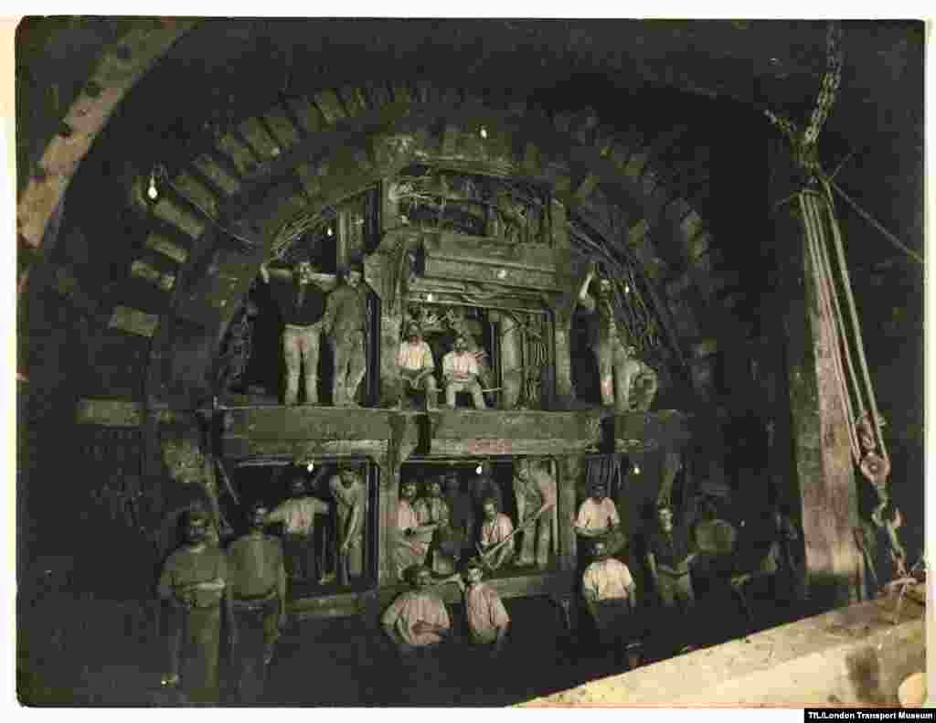 Workers on London&rsquo;s Central Line during the construction of the British Museum Station in 1898. The station is no longer in use. 