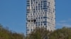 A high-rise apartment building following what Moscow's mayor said was a drone strike on May 4