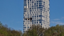 A high-rise apartment building following what Moscow's mayor said was a drone strike on May 4