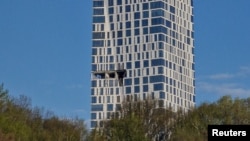 A high-rise apartment building following what Moscow's mayor said was a drone strike on May 4