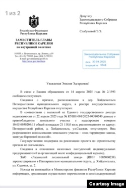Ответ карельских властей депутату Э. Слабуновой о том, что сведения о причале в деревне Хийденсельге в реестре госимущества Республики Карелии отсутствует.