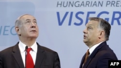 Benjamin Netanyahu în vizită în Ungaria, la o conferință cu Viktor Orban, iulie 2024.