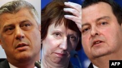 A combo photo shows Kosovar Prime Minister Hashim Thaci (left), EU foreign affairs chief Catherine Ashton, and Serbia's Prime Minister Ivica Dacic 