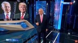 Šef ruskih državnih medija Dmitrij Kiseljov izvještava o američkim izborima u svojoj nacionalnoj emisiji vijesti 8. novembra.