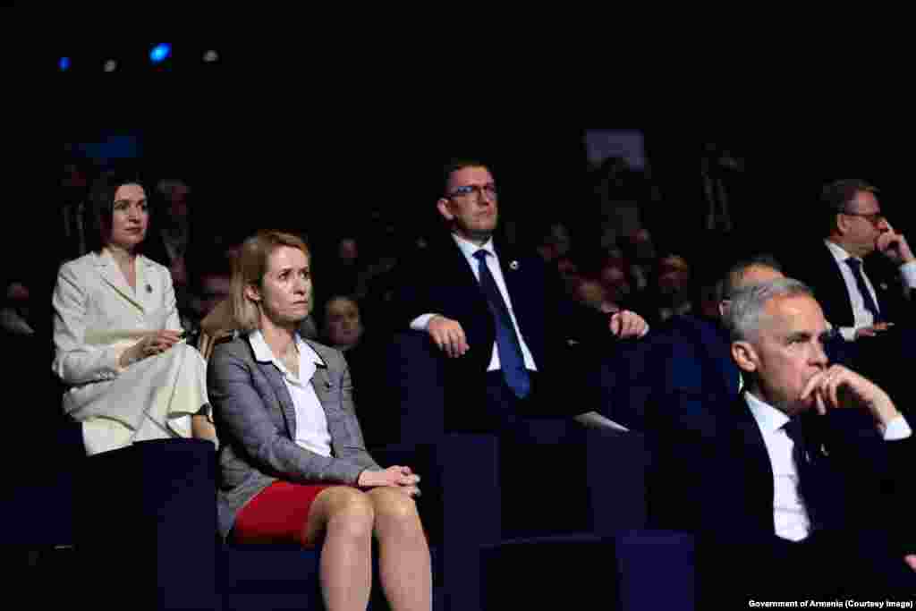 From left to right: Moldovan President Maia Sandu, EU foreign policy chief Kaja Kallas, Estonian Prime Minister Kristen Michal, and Canadian Prime Minister Mark Carney watch the opening ceremony.Canada's attendance at Yerevan summit marked the first time a non-European country has joined a meeting of the EPC.