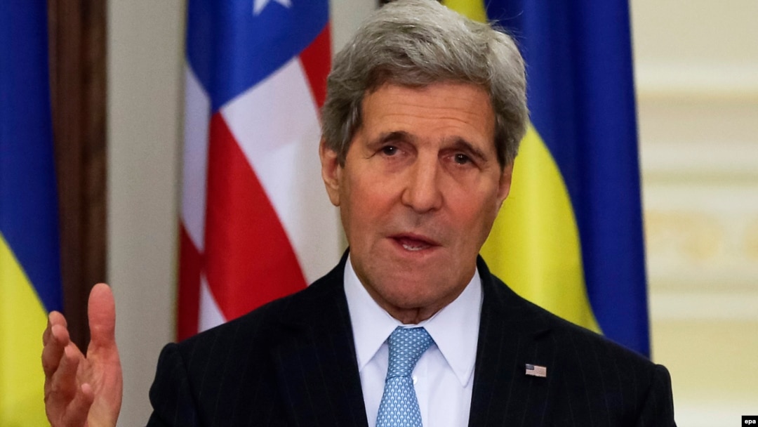 U.S. Secretary of State John Kerry speaks to the media following his meeting with Ukrainian President Petro Poroshenko in Kyiv. 