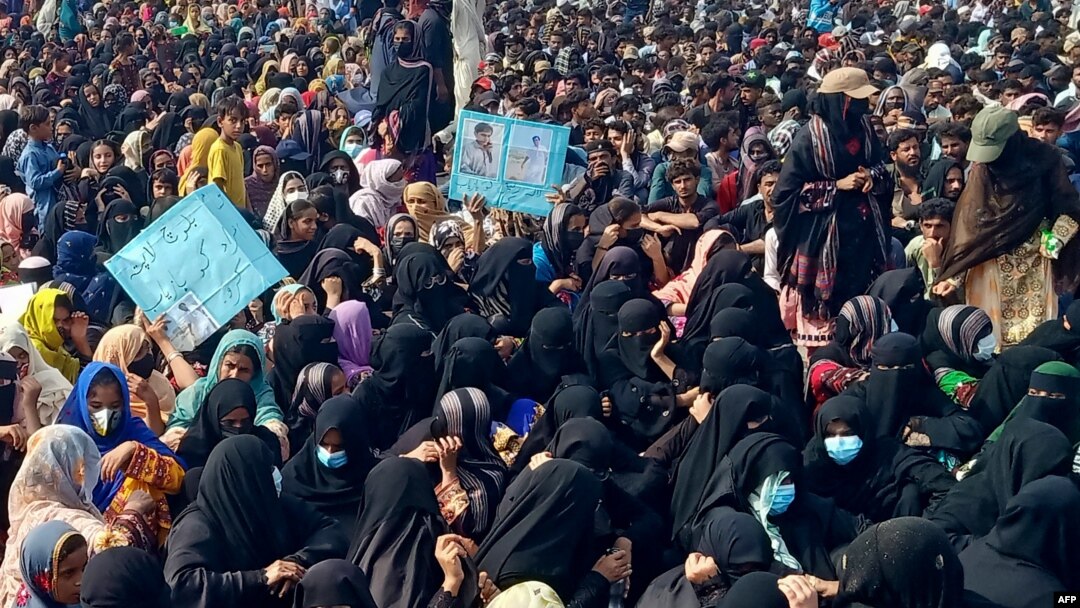 People from the Baluch community take part in a demonstration demanding greater rights in Gwadar of Pakistan's Balochistan Province on July 28.