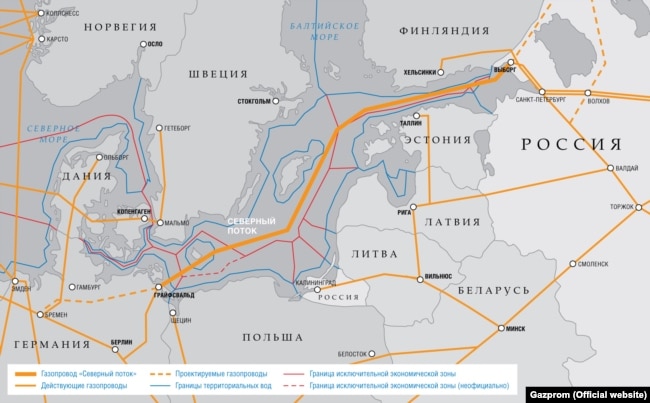 Карта газопровода "Северный поток" (обе его нитки располагаются рядом друг с другом)
