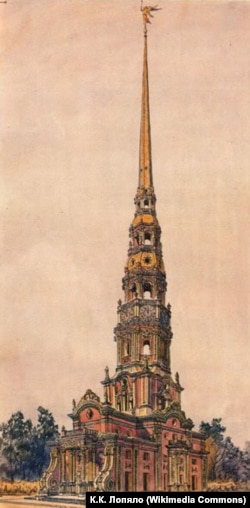 Первинний вигляд «Меншикової вежі» у Москві, яку було споруджено за проєктом українського архітектора Івана Зарудного. Була замовлена у 1707 році