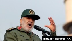 Chief of Iranian Revolutionary Guard Gen. Hossein Salami speaks at a pro-government rally denouncing last week’s violent protests over a fuel price hike, in Tehran, November 25, 2019