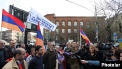 Armenia - Founding Parliament activists speak to reporters, Yerevan, 7Apr2015.