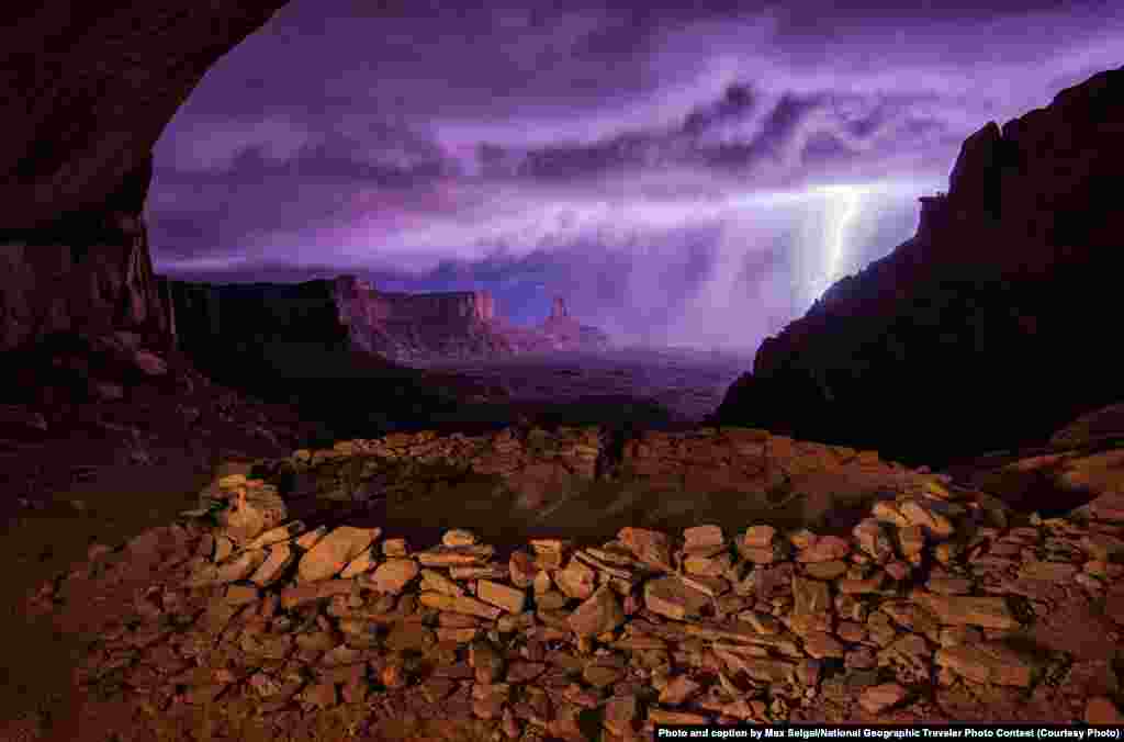 2nd Place: &quot;Thunderstorm At False Kivae&quot; (Utah) by Max Seigal: &quot;I hiked out to these ruins at night hoping to photograph them with the Milky Way, but instead a thunderstorm rolled through, creating this dramatic image.&quot;