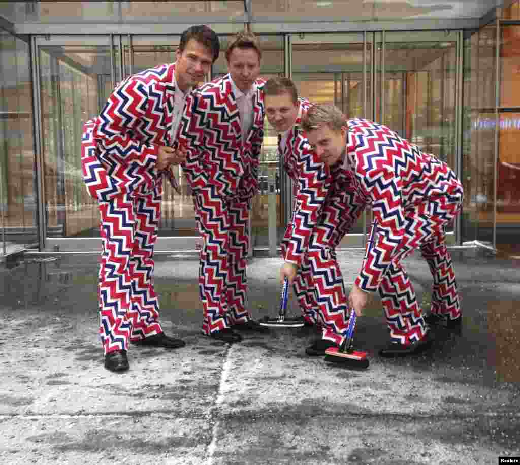 The Norwegian men&#39;s curling team shows off their Loudmouth Golf-designed uniforms.