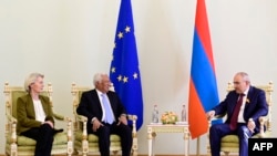 Armenia's Prime Minister Nikol Pashinyan, European Commission President Ursula von der Leyen and European Council President Antonio Costa attend the Armenia-European Union summit in Yerevan on May 5, 2026. (Photo by KAREN MINASYAN / AFP)