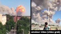 Скриншоты видео со взрывом в Арыси и убегающими из города жителями. 24 июня 2019 года.